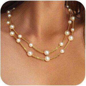 Gold Pearl Necklace for Women, Chunky 18K Gold Plated Layered Choker Chain - Dou